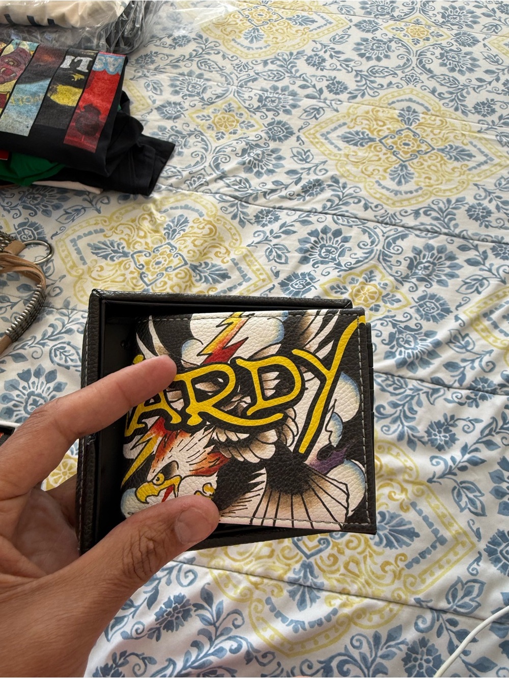 Ed Hardy Black Wallet with Yellow Lettering and Multicolor Eagle